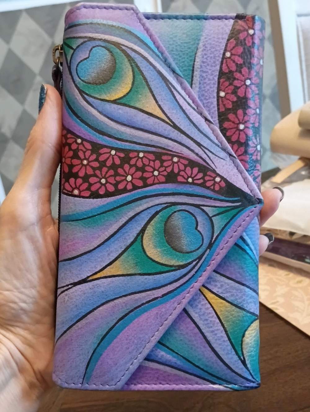 ANUSCHKA leather peacock floral painted wallet - Picture 14 of 16